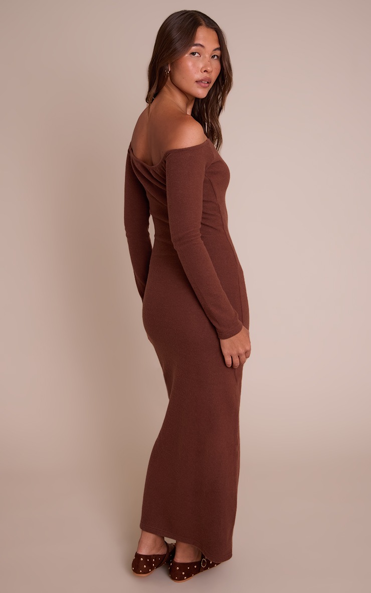 Pretty Little Thing Chocolate Super Soft Bardot Long Sleeve Maxi Dress