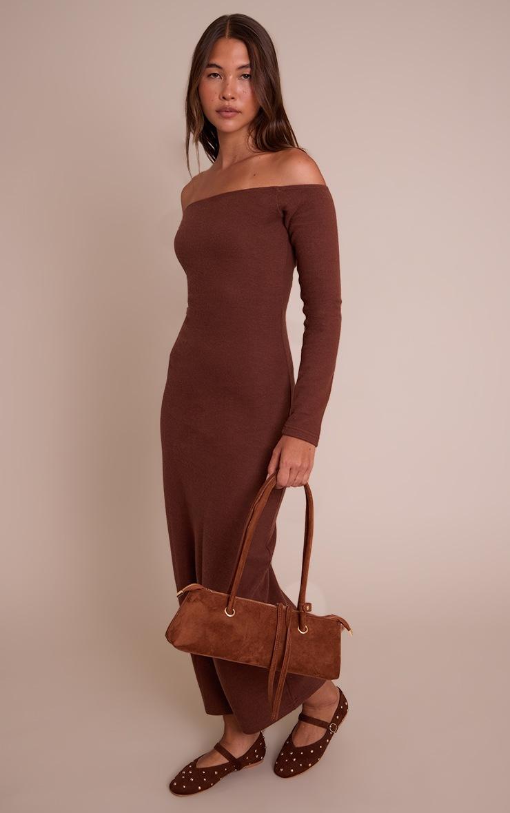 Pretty Little Thing Chocolate Super Soft Bardot Long Sleeve Maxi Dress