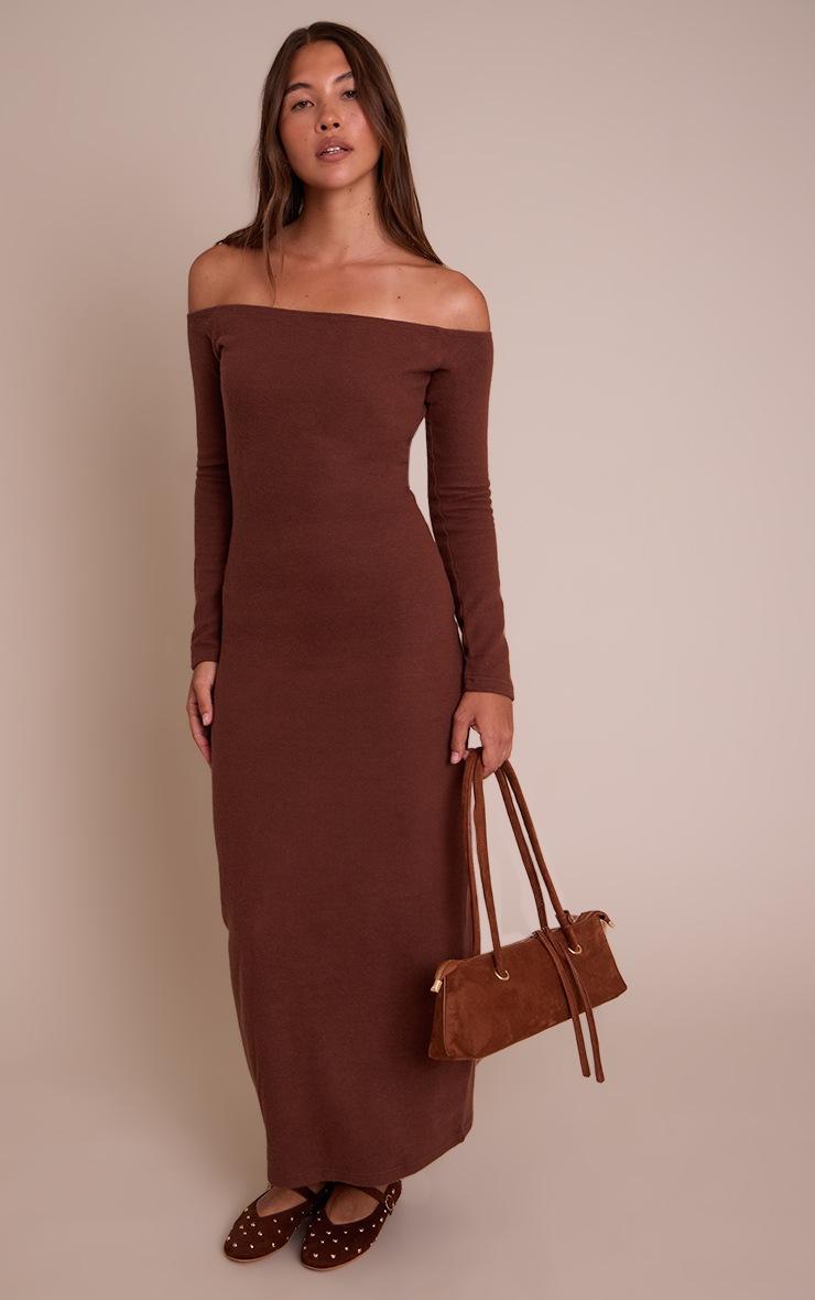 Pretty Little Thing Chocolate Super Soft Bardot Long Sleeve Maxi Dress
