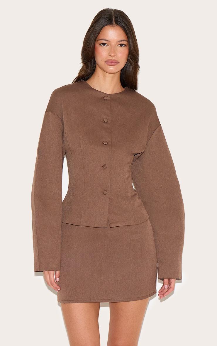Pretty Little Thing Chocolate Tailored Woven Boxy Balloon Sleeve Blazer