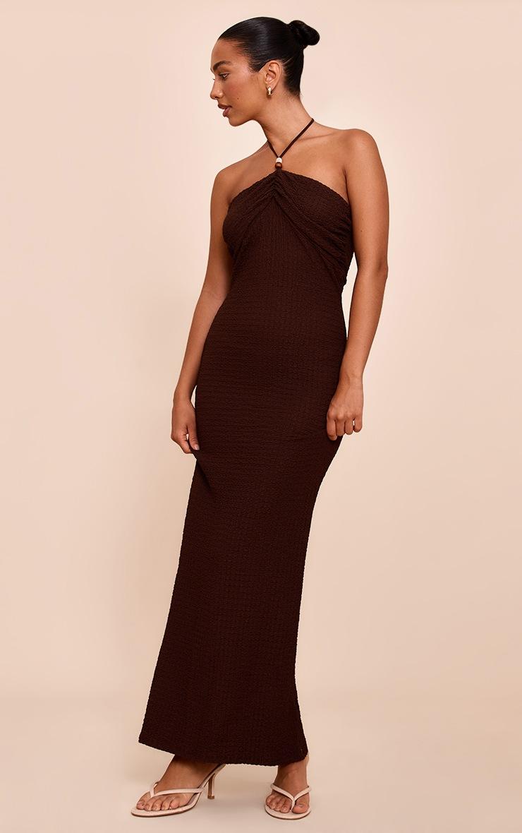 Pretty Little Thing Chocolate Textured Beaded Detail Halterneck Maxi Dress