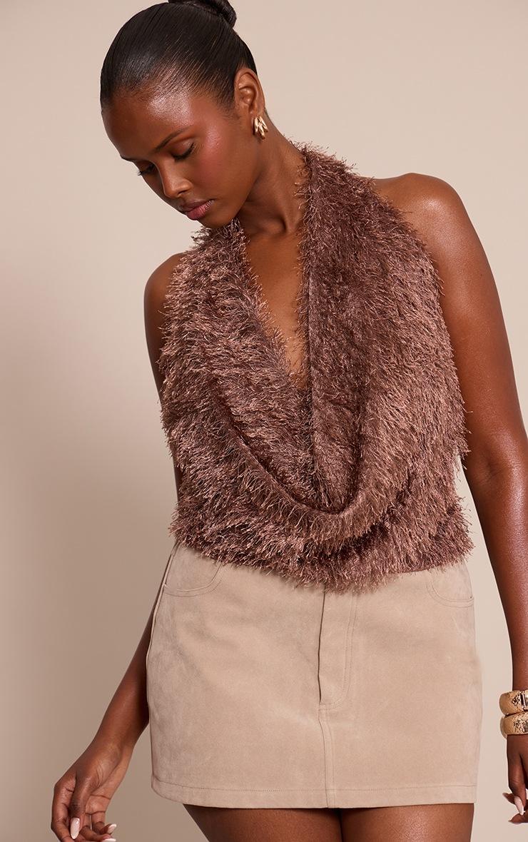 Pretty Little Thing Chocolate Textured Cowl Halterneck Top