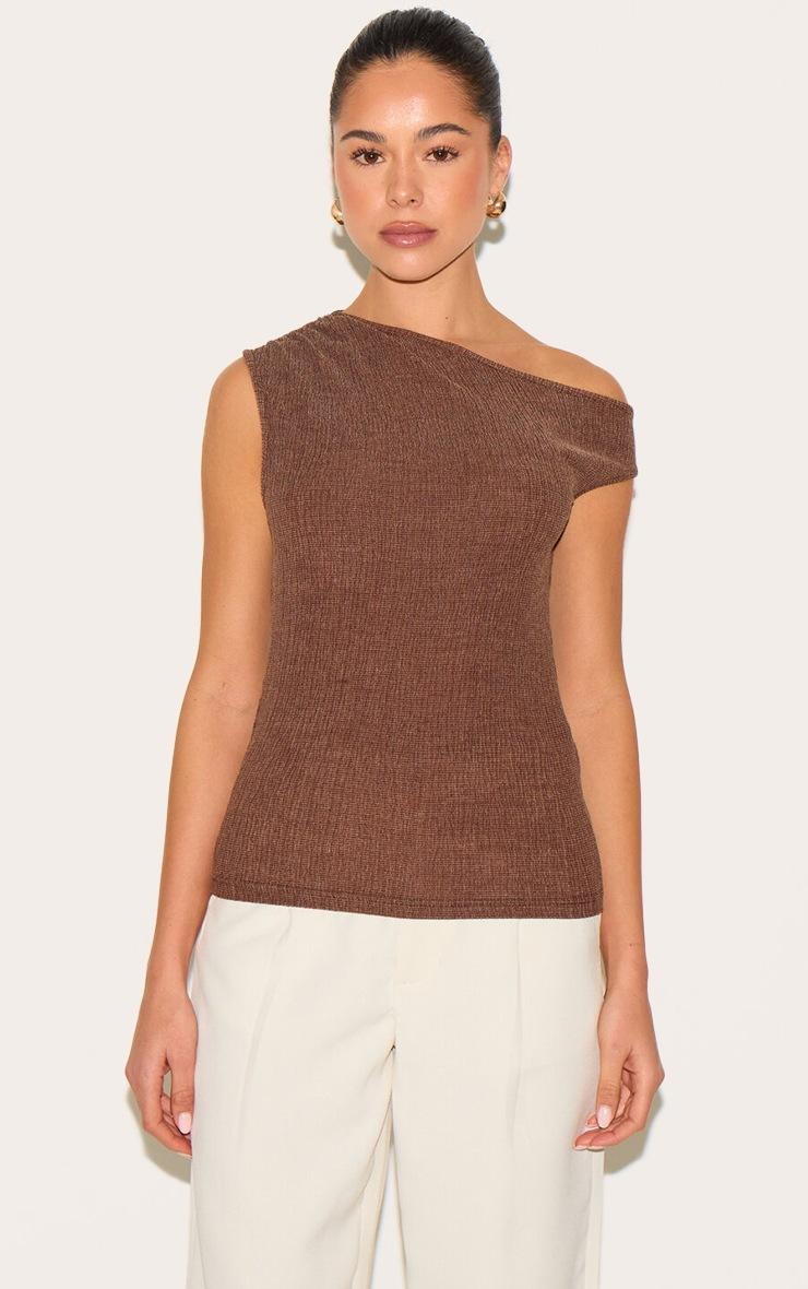 Pretty Little Thing Chocolate Textured Double Layer Asymmetric Neckline Long Top