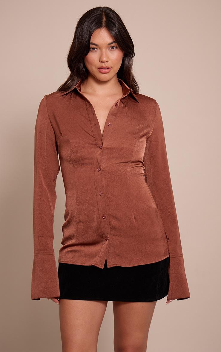 Pretty Little Thing Chocolate Textured Fitted Shirt