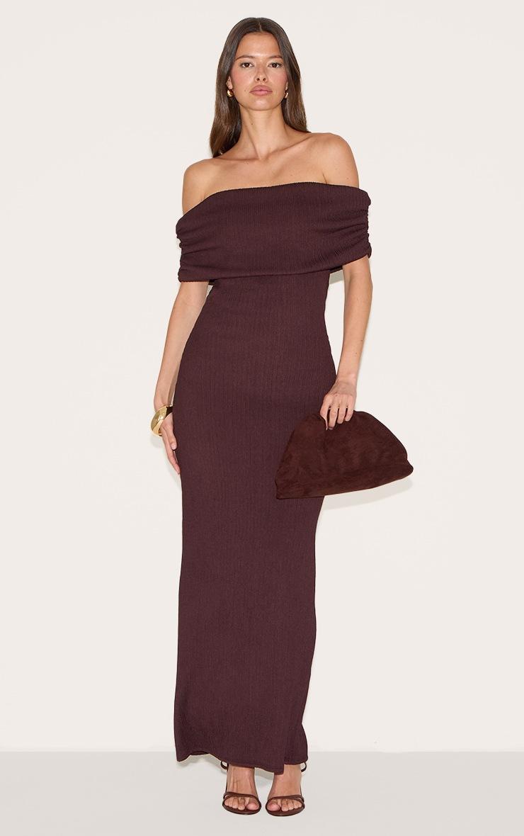 Pretty Little Thing Chocolate Textured Fold Over Bardot Maxi Dress