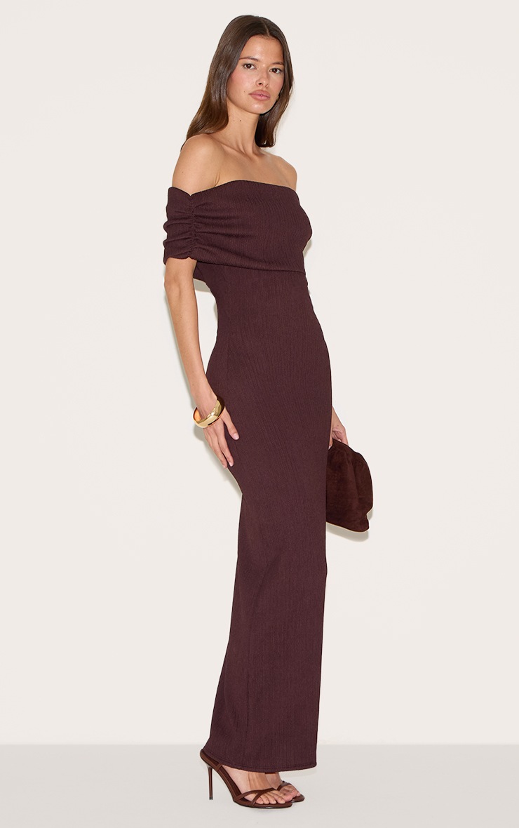 Pretty Little Thing Chocolate Textured Fold Over Bardot Maxi Dress