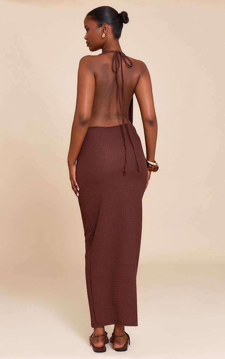 Pretty Little Thing Chocolate Textured Halterneck Low Back Sleeveless Maxi Dress