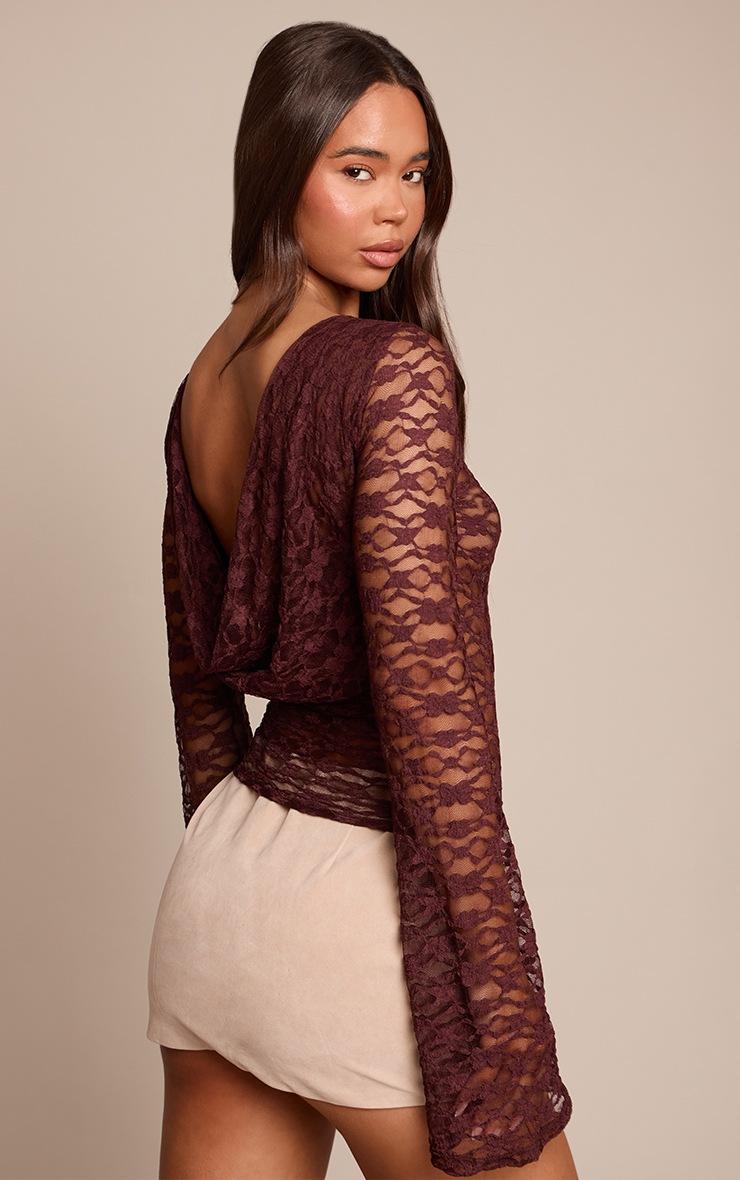 Pretty Little Thing Chocolate Textured Lace Cowl Back Flared Long Sleeve Top