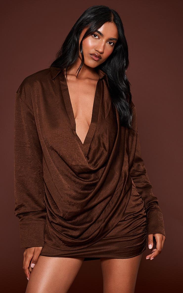 Pretty Little Thing Chocolate Textured Satin Plunge Shirt