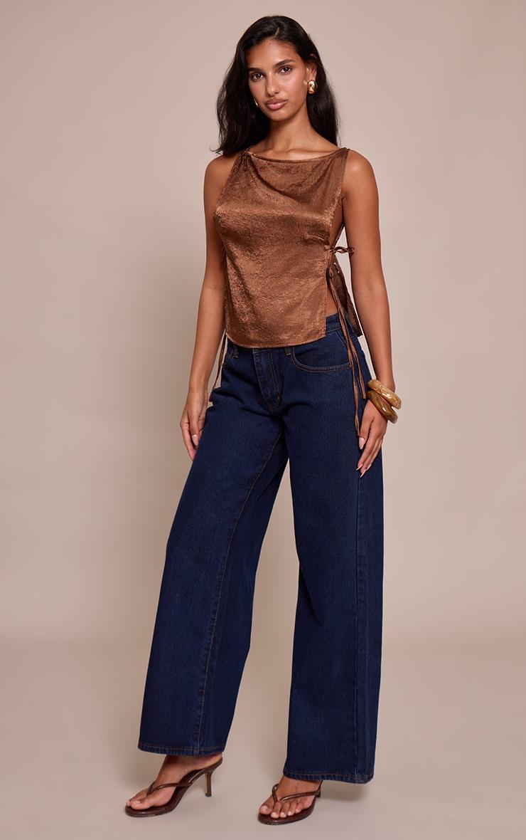 Pretty Little Thing Chocolate Textured Satin Tie Side Long Top