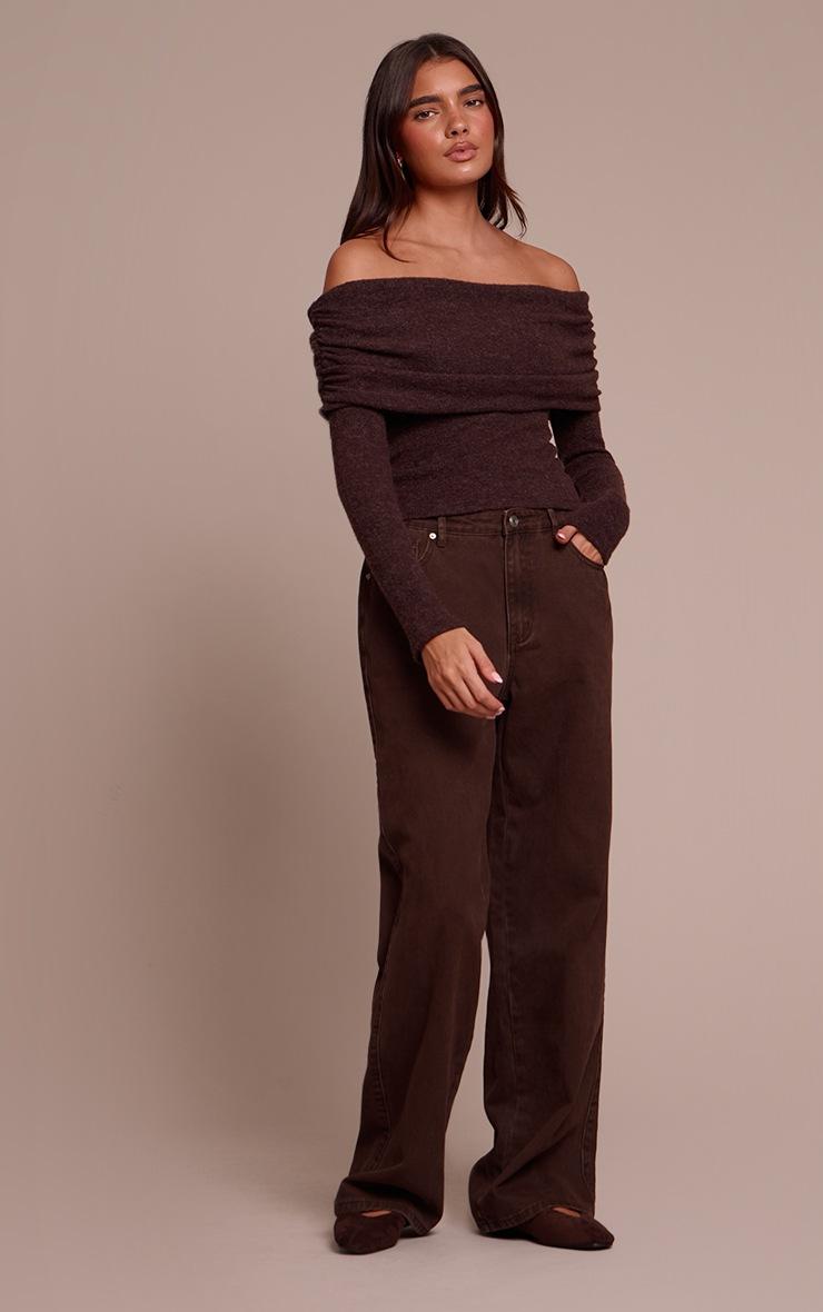 Pretty Little Thing Chocolate Textured Wool Look Fold Over Detail Long Sleeve Top