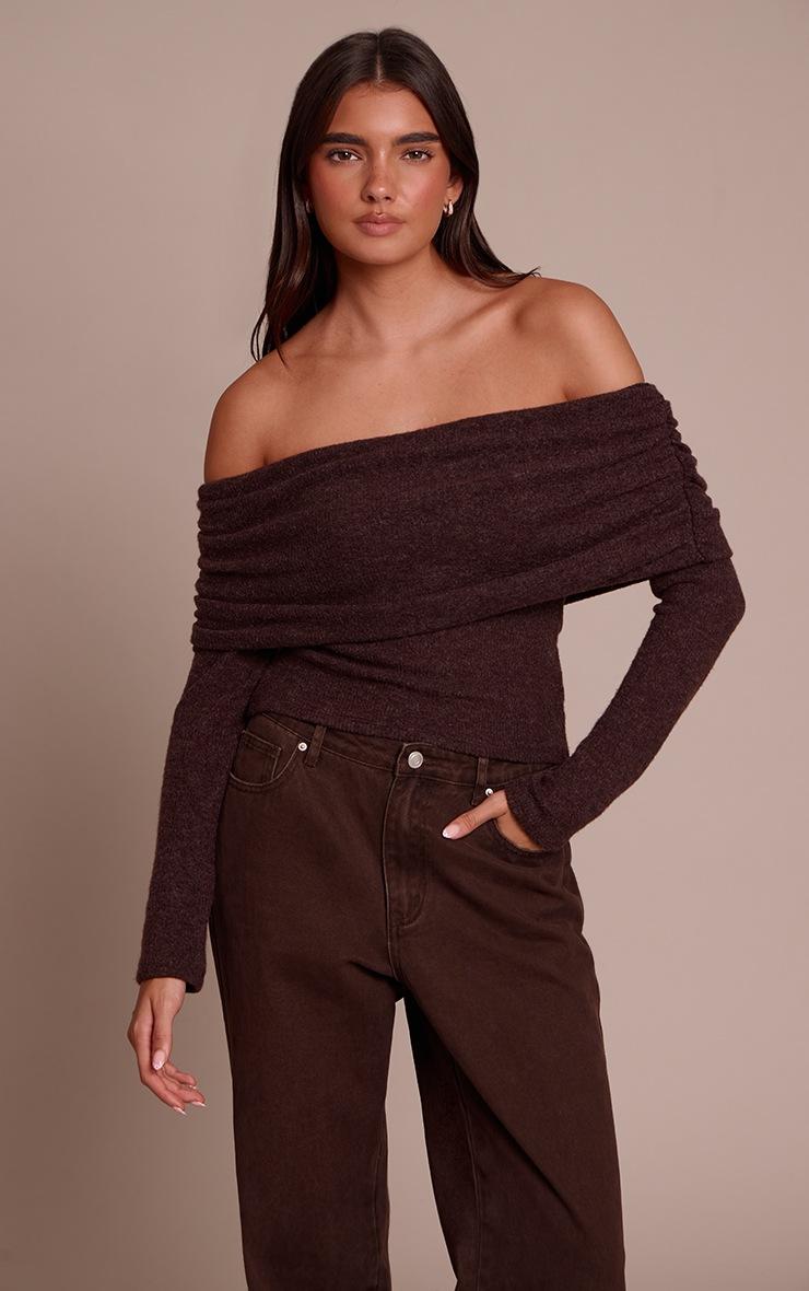 Pretty Little Thing Chocolate Textured Wool Look Fold Over Detail Long Sleeve Top