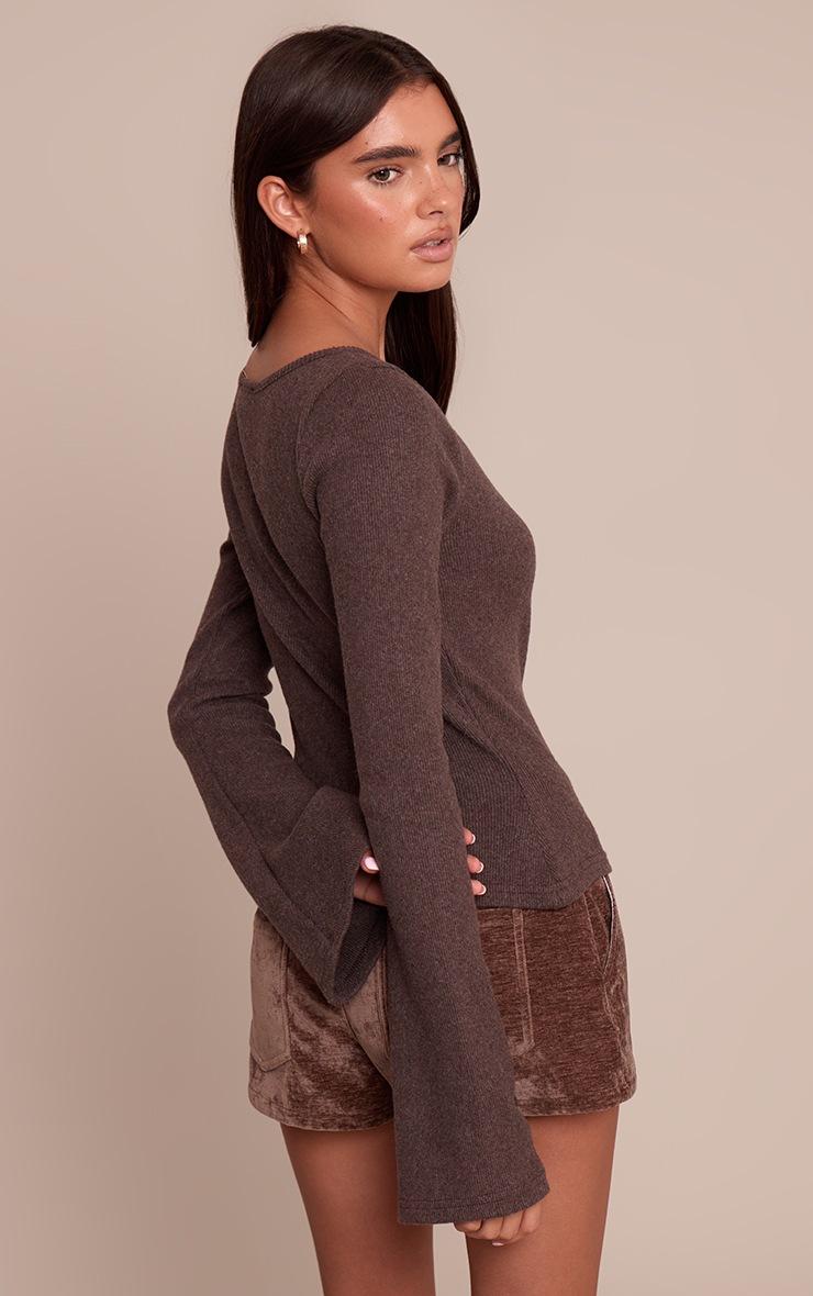 Pretty Little Thing Chocolate Thick Brushed Rib Flared Long Sleeve Top