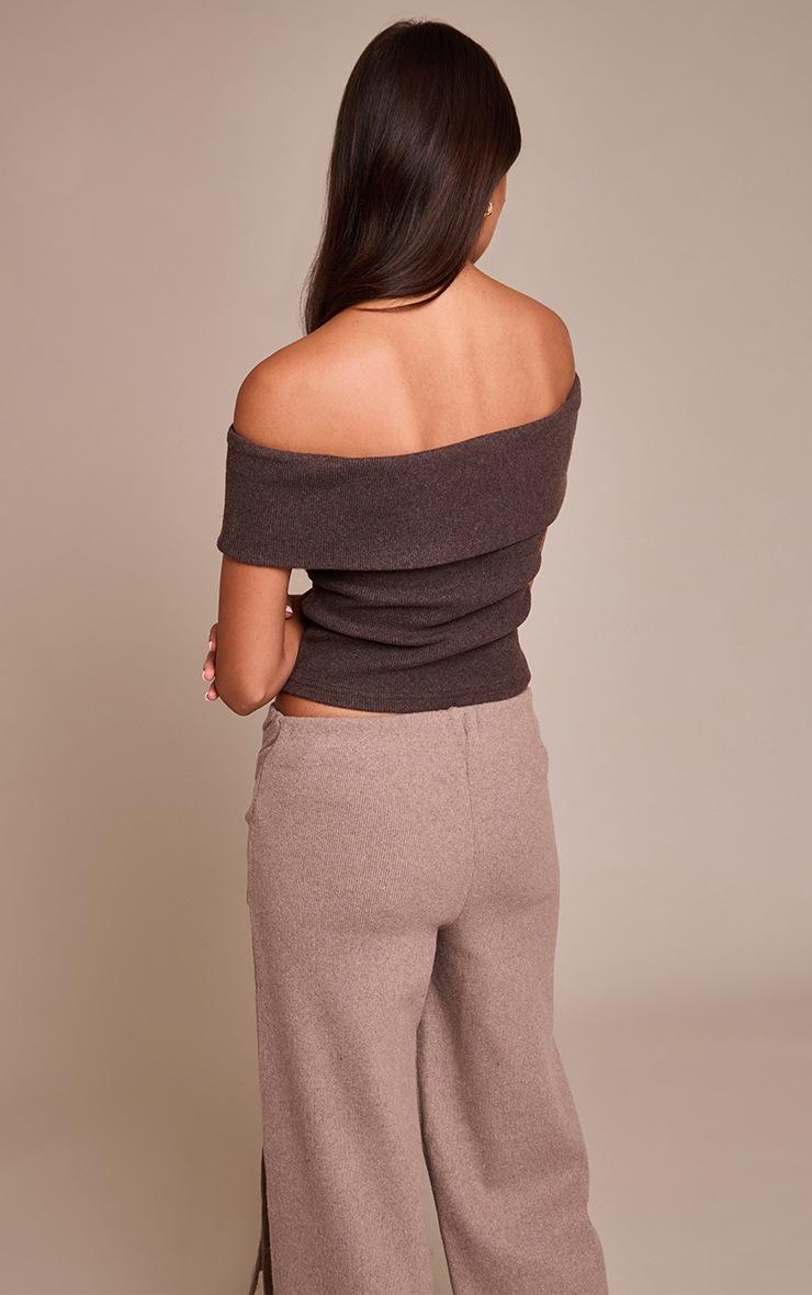 Pretty Little Thing Chocolate Thick Brushed Rib Fold Over Bardot Long Top
