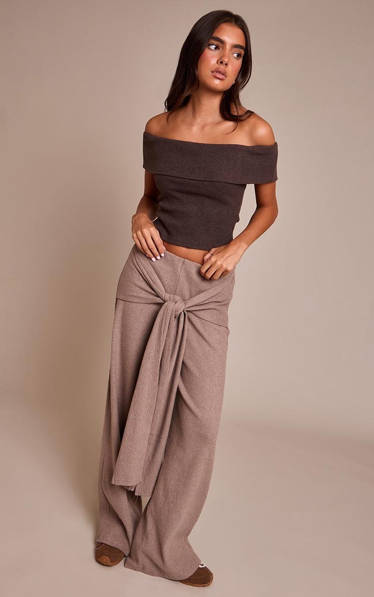 Pretty Little Thing Chocolate Thick Brushed Rib Fold Over Bardot Long Top