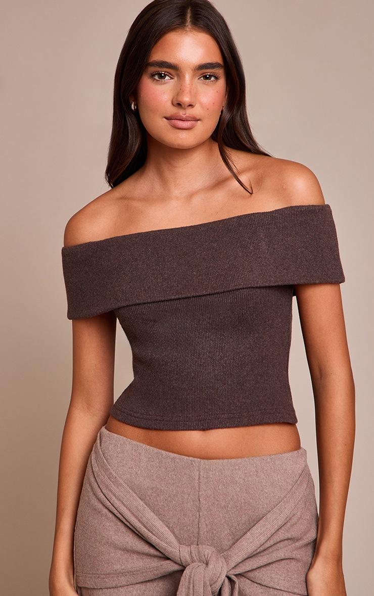 Pretty Little Thing Chocolate Thick Brushed Rib Fold Over Bardot Long Top