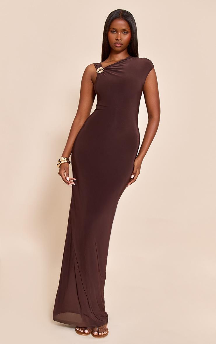 Pretty Little Thing Chocolate Trim Detail Off The Shoulder Maxi Dress