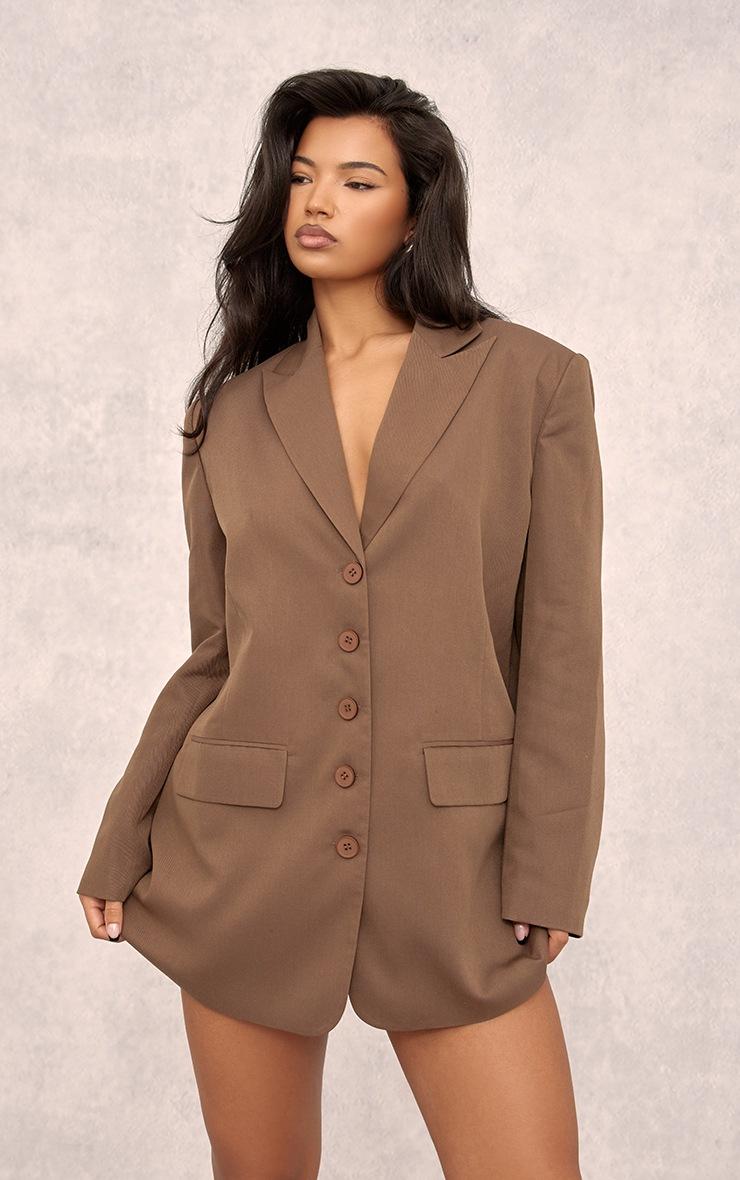 Pretty Little Thing Chocolate Twill Shoulder Pad Oversized Blazer Dress