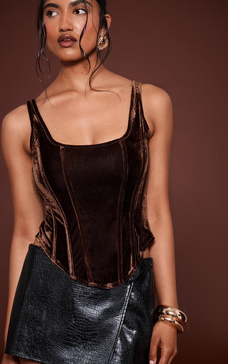 Pretty Little Thing Chocolate Velvet Boned Dip Hem Longline Corset