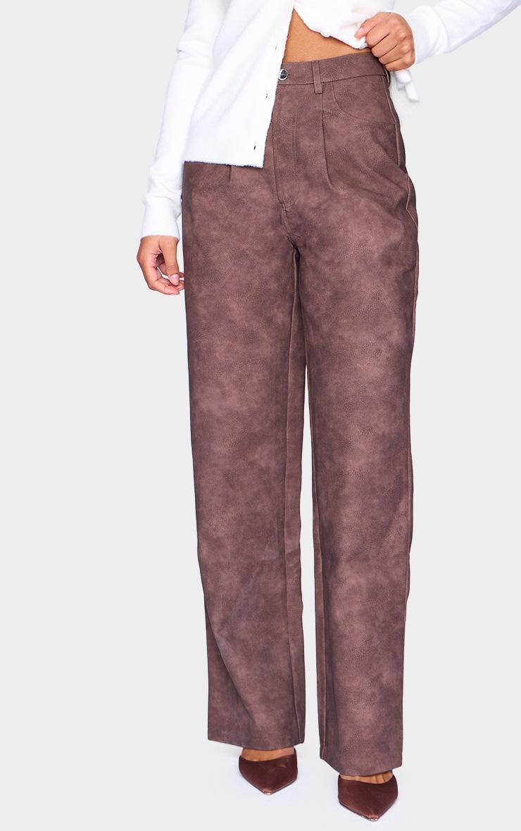Pretty Little Thing Chocolate Washed Faux Leather Dart Pocket Straight Leg Pants