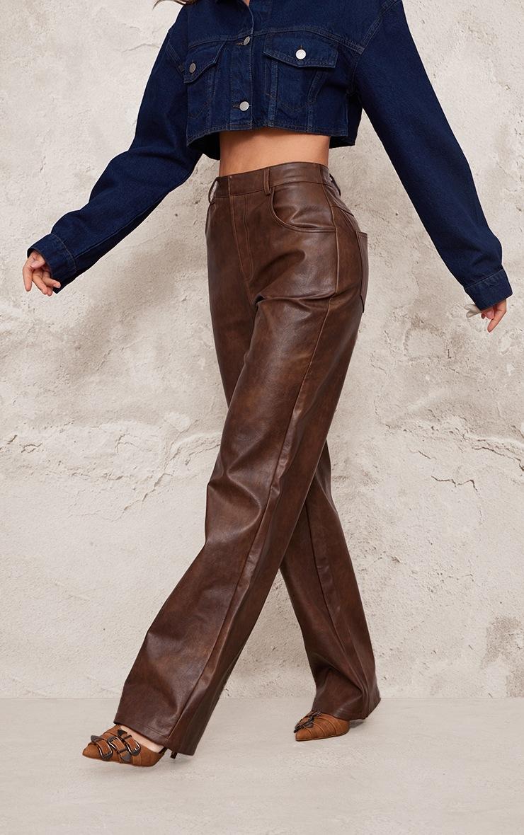 Pretty Little Thing Chocolate Washed Faux Leather Straight Leg Pants