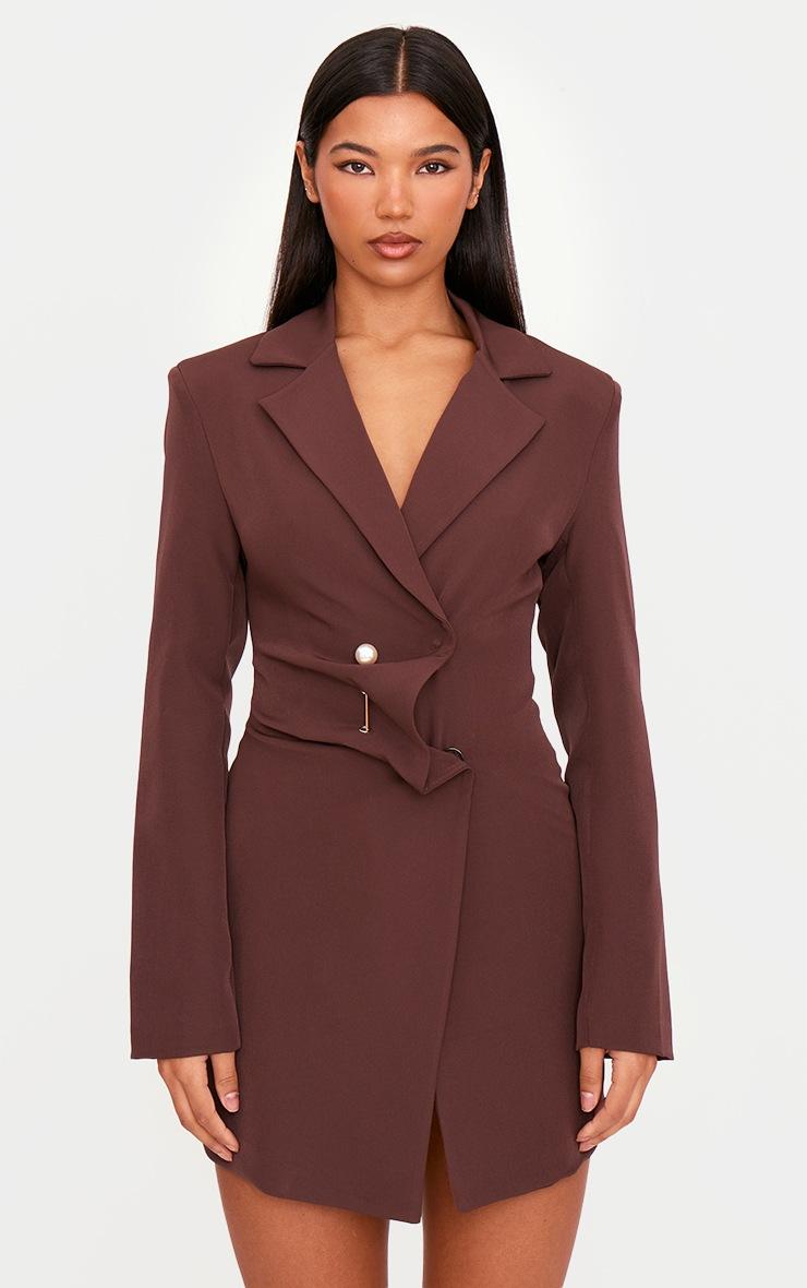 Pretty Little Thing Chocolate Woven Asymmetric Trim Blazer Dress