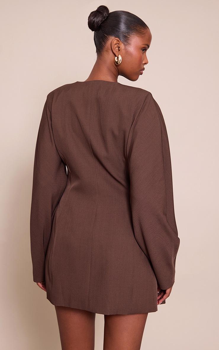Pretty Little Thing Chocolate Woven Balloon Sleeve Collarless Blazer Dress