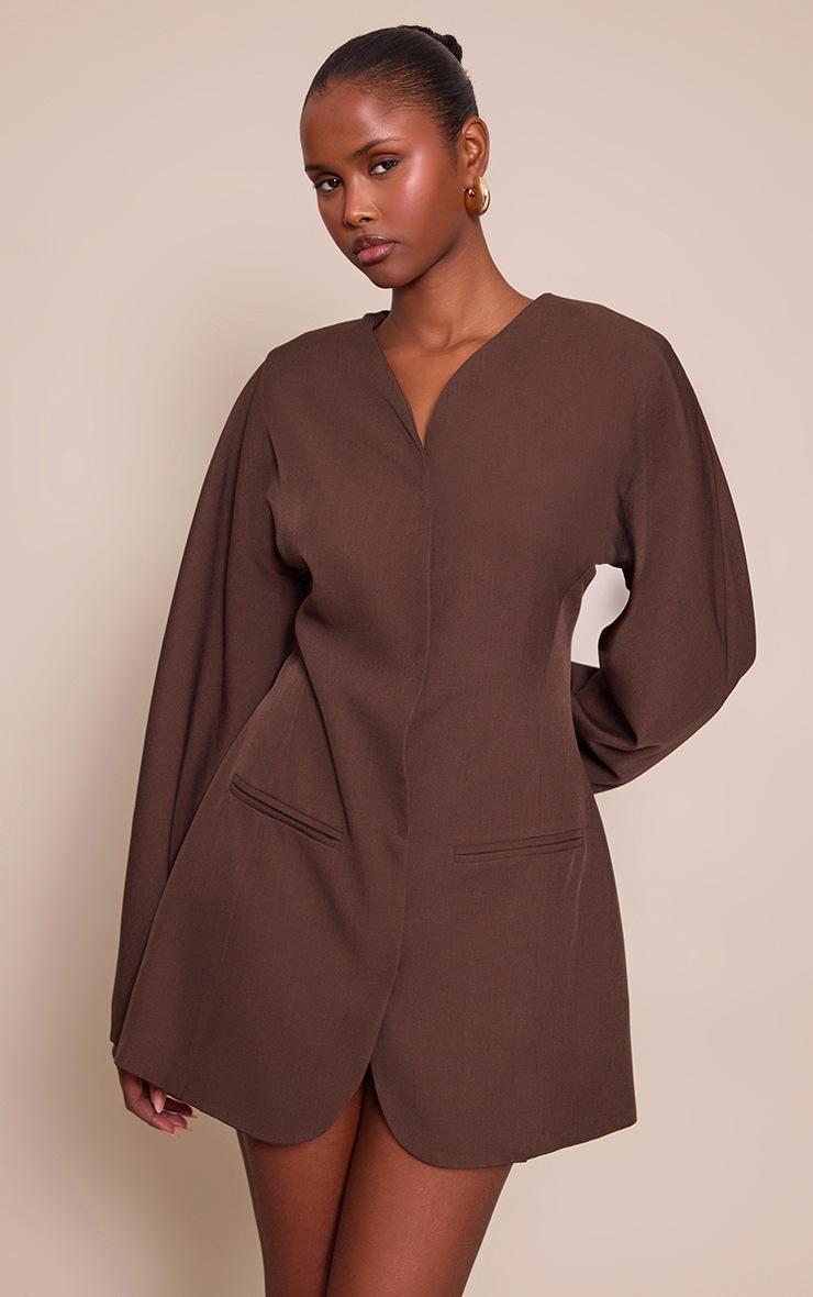 Pretty Little Thing Chocolate Woven Balloon Sleeve Collarless Blazer Dress