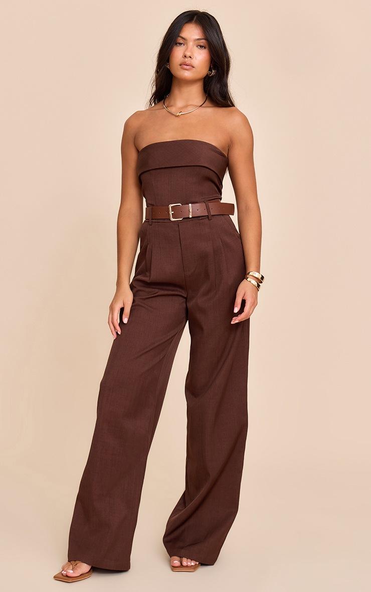 Pretty Little Thing Chocolate Woven Bandeau Belted Wide Leg Jumpsuit