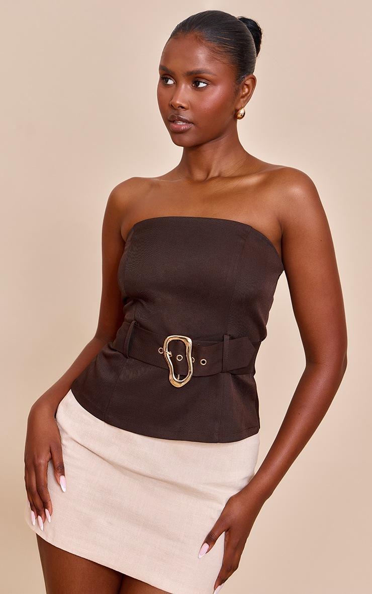 Pretty Little Thing Chocolate Woven Belted Trim Detail Bandeau Top