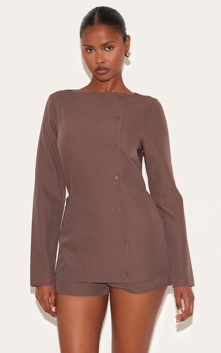 Pretty Little Thing Chocolate Woven Boat Neck Button Tailored Skort Romper