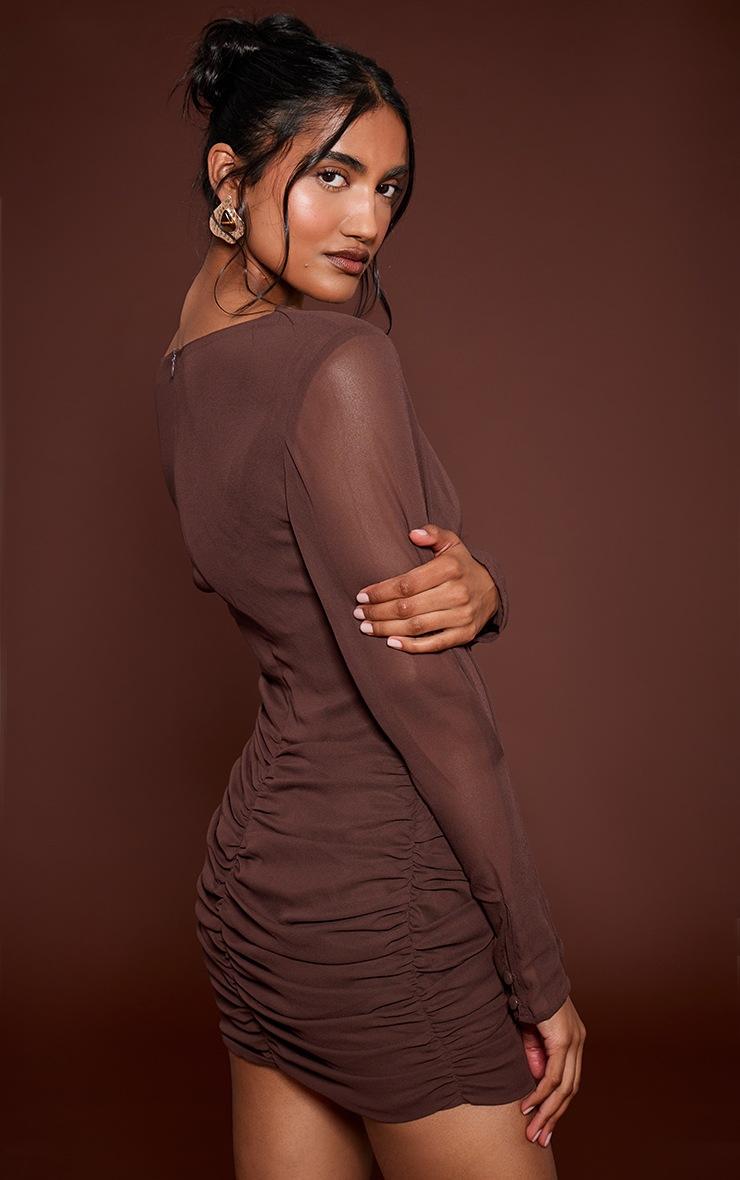 Pretty Little Thing Chocolate Woven Boat Neck Long Sleeve Ruched Mini Dress