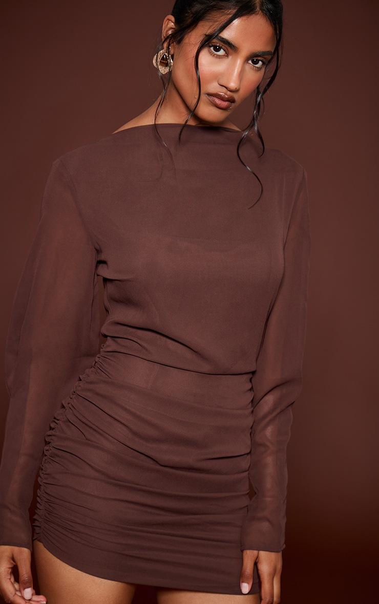 Pretty Little Thing Chocolate Woven Boat Neck Long Sleeve Ruched Mini Dress