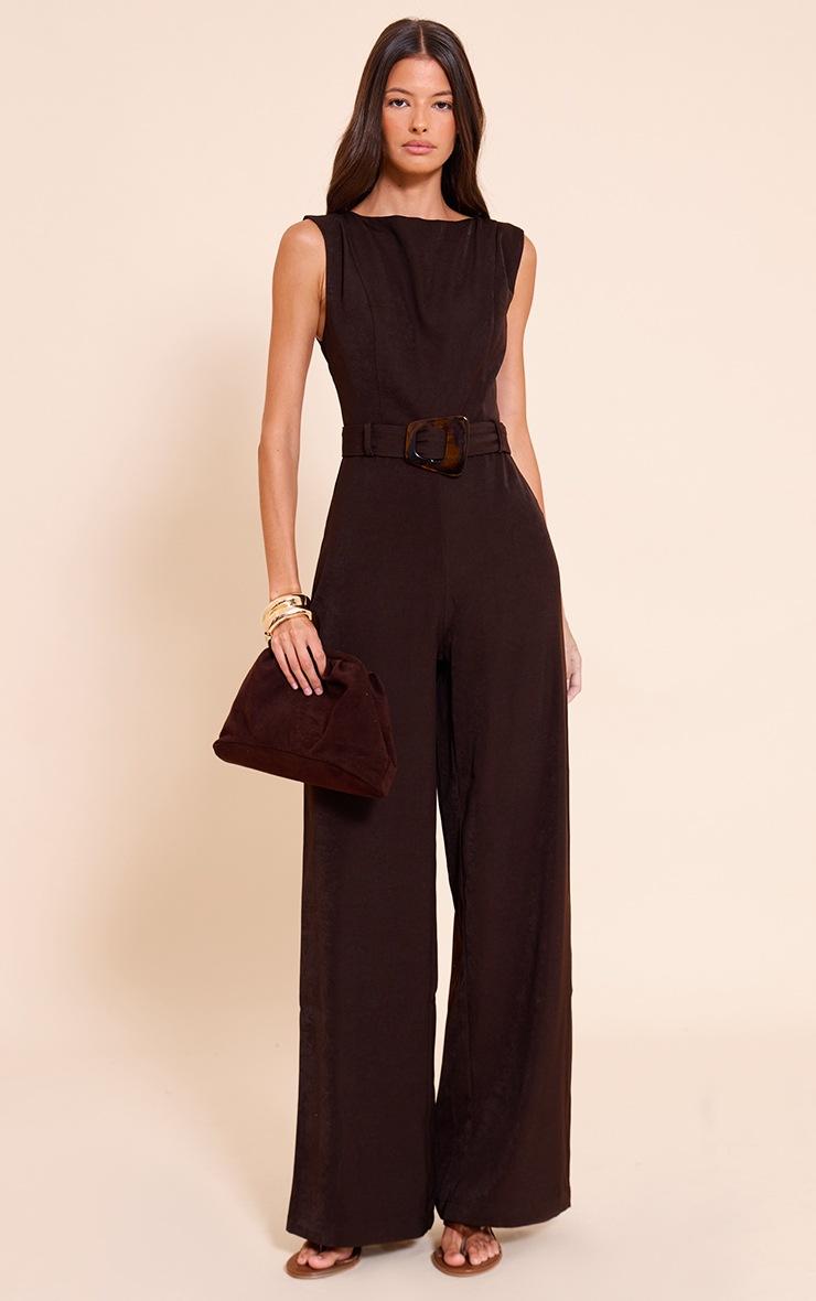 Pretty Little Thing Chocolate Woven Boat Neck Straight Leg Jumpsuit