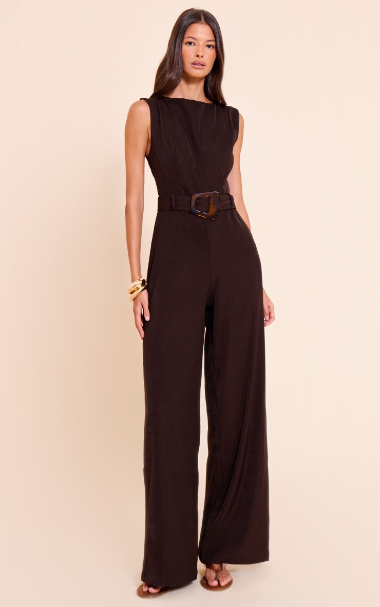Pretty Little Thing Chocolate Woven Boat Neck Straight Leg Jumpsuit