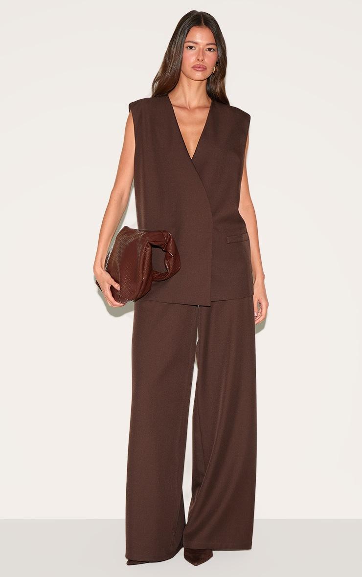 Pretty Little Thing Chocolate Woven Collarless Oversized Shoulder Pad Vest