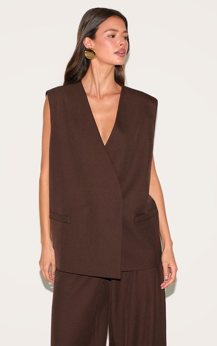 Pretty Little Thing Chocolate Woven Collarless Oversized Shoulder Pad Vest
