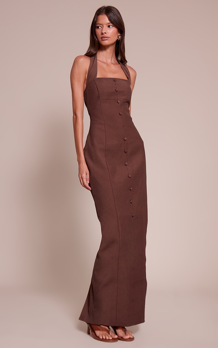 Pretty Little Thing Chocolate Woven Halter Button Maxi Dress