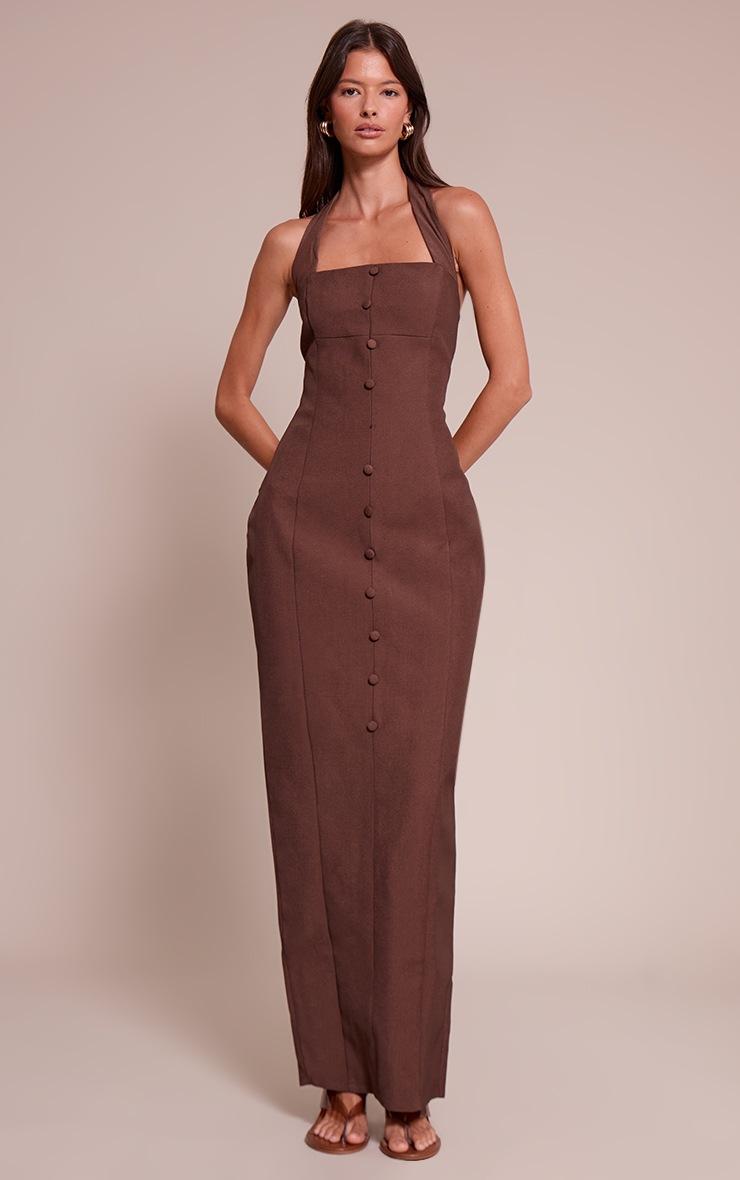 Pretty Little Thing Chocolate Woven Halter Button Maxi Dress