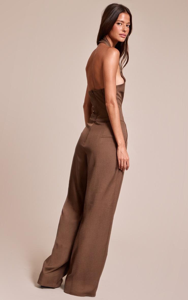 Pretty Little Thing Chocolate Woven Halterneck Trim Wide Leg Jumpsuit