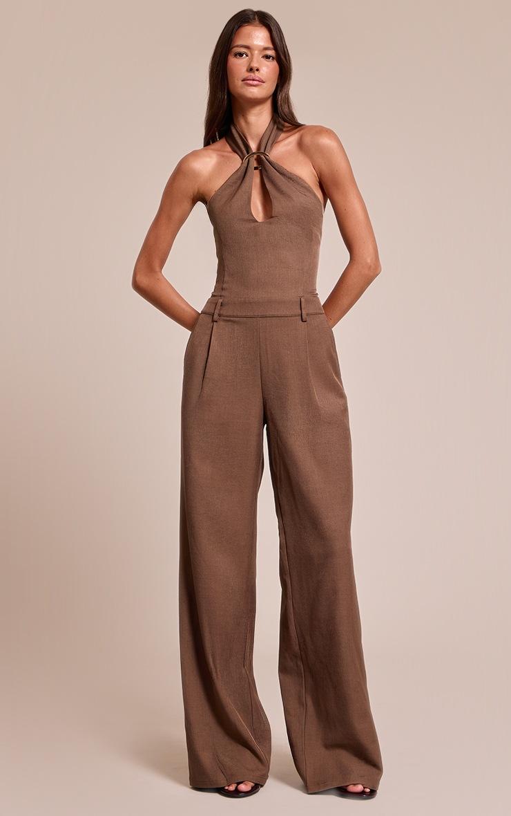 Pretty Little Thing Chocolate Woven Halterneck Trim Wide Leg Jumpsuit