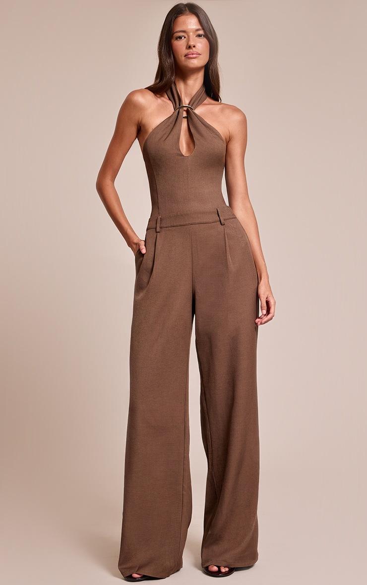 Pretty Little Thing Chocolate Woven Halterneck Trim Wide Leg Jumpsuit