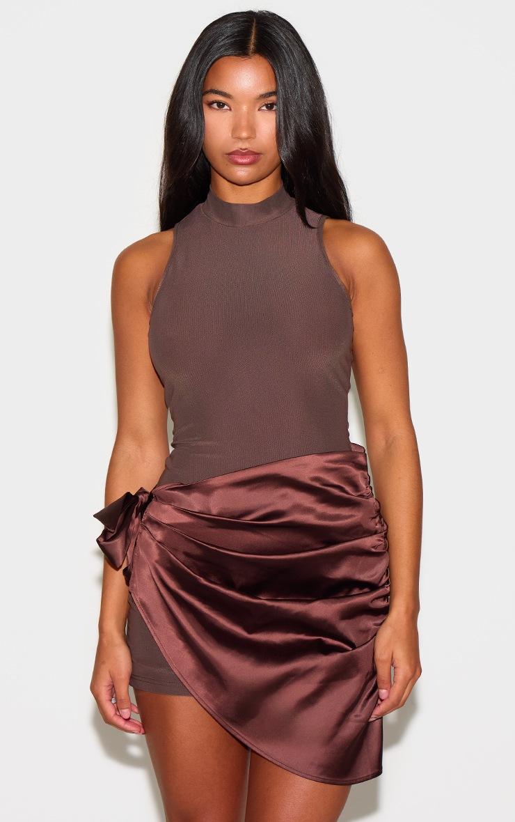 Pretty Little Thing Chocolate Woven High Neck Satin Drape Mini Dress