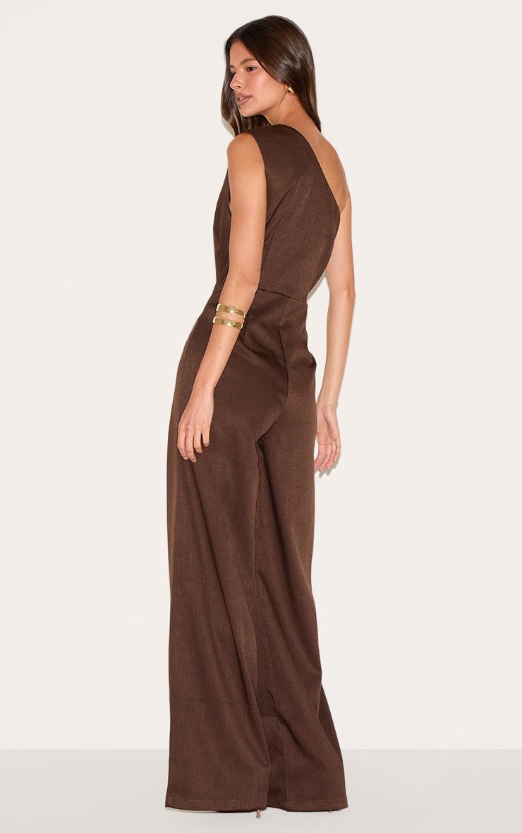 Pretty Little Thing Chocolate Woven One Shoulder Wide Leg Jumpsuit