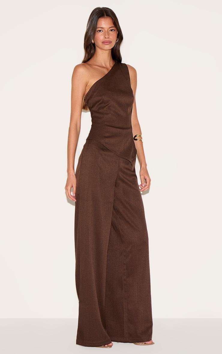 Pretty Little Thing Chocolate Woven One Shoulder Wide Leg Jumpsuit
