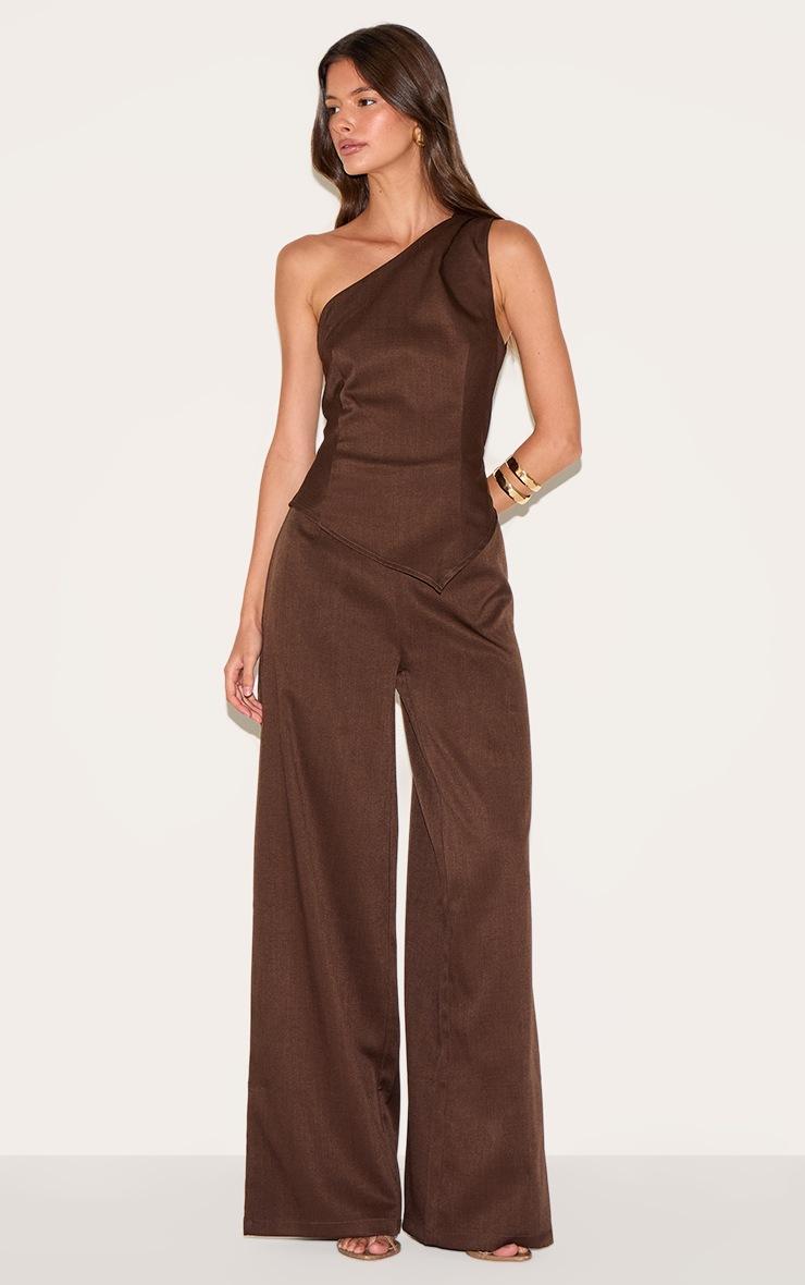 Pretty Little Thing Chocolate Woven One Shoulder Wide Leg Jumpsuit