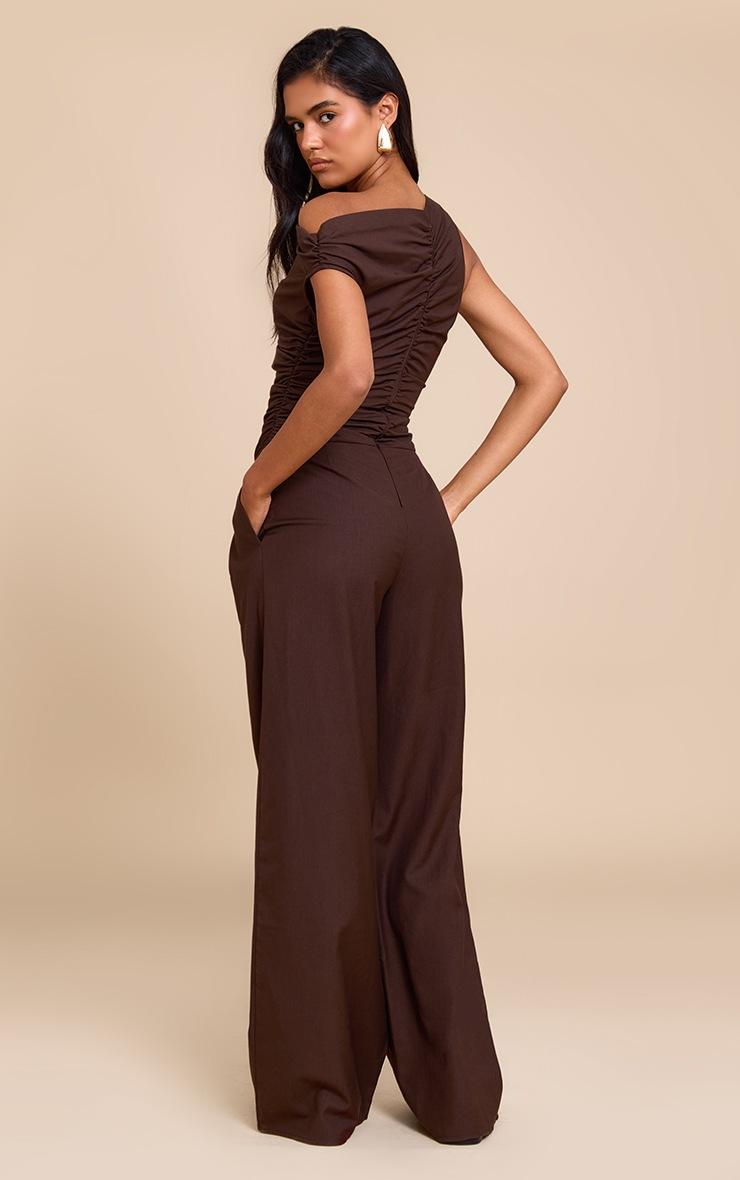 Pretty Little Thing Chocolate Woven Ruched One Sleeve Jumpsuit