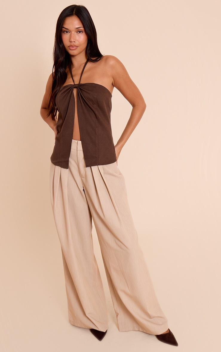 Pretty Little Thing Chocolate Woven Spilt Detail Halterneck Top