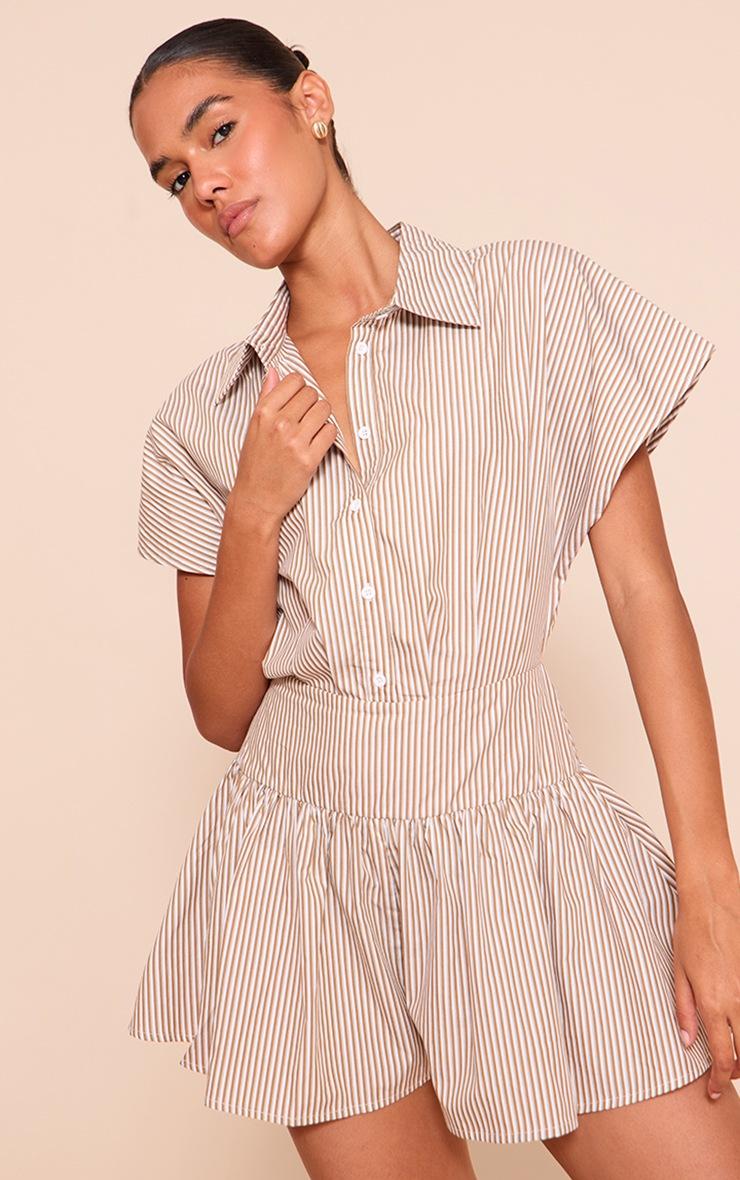 Pretty Little Thing Chocolate Woven Striped Cinched Romper