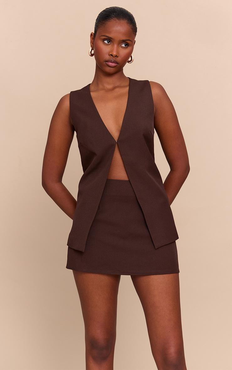 Pretty Little Thing Chocolate Woven Tailored Hook And Eye Vest